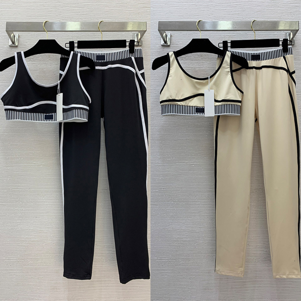 High Quality Running Yoga Suit Color Blocking Edging Vertical Stripe Logo Ribbon Splicing Women Yoga Set Solid Color Khaki Black Run Tennis Elast