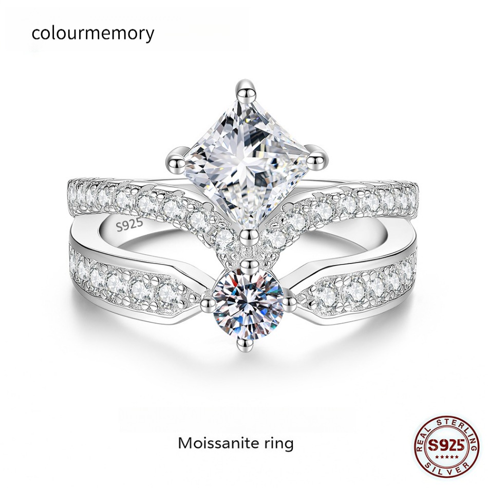 S925 Silver Princess Cut Crown Moissanite Ring, Two layers Halo & Pave Engagement Promise Ring for Women, D Color VVS1 Moissanite Wedding Band-image-1105827956