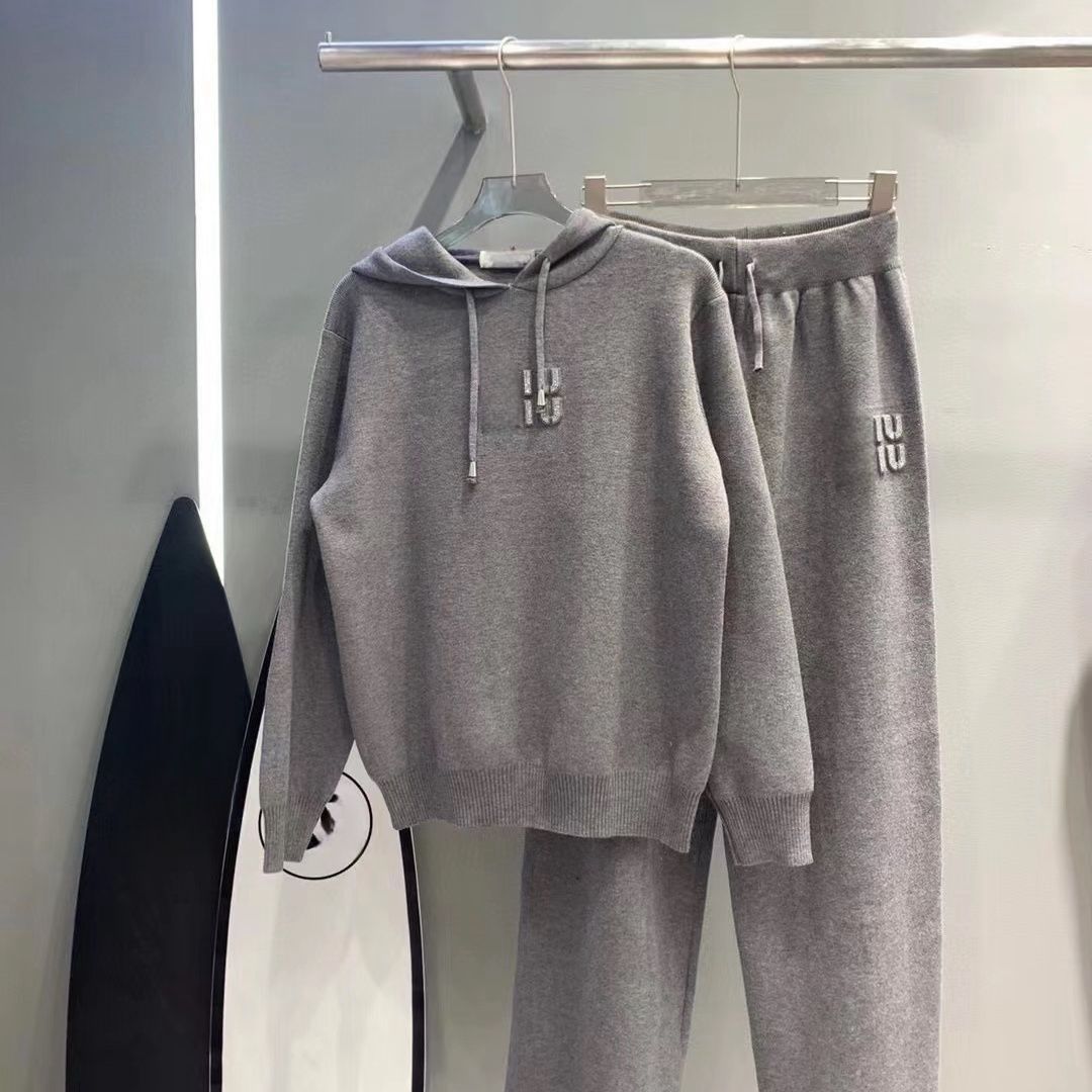 Women Knitted Tracksuit 2 Piece Set Hooded Pullover Top Wide Leg Pants Solid Color Casual Sport Outfit Ladies Sweater Loungewear Set