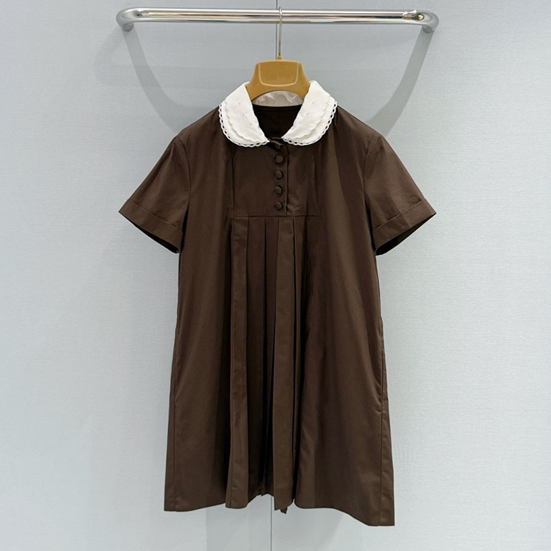 Designer Preppy Style Shirtdress Women Contrast Lace Collar Short Sleeve Dress Summer Street Vacation Vintage Pleated Skirts