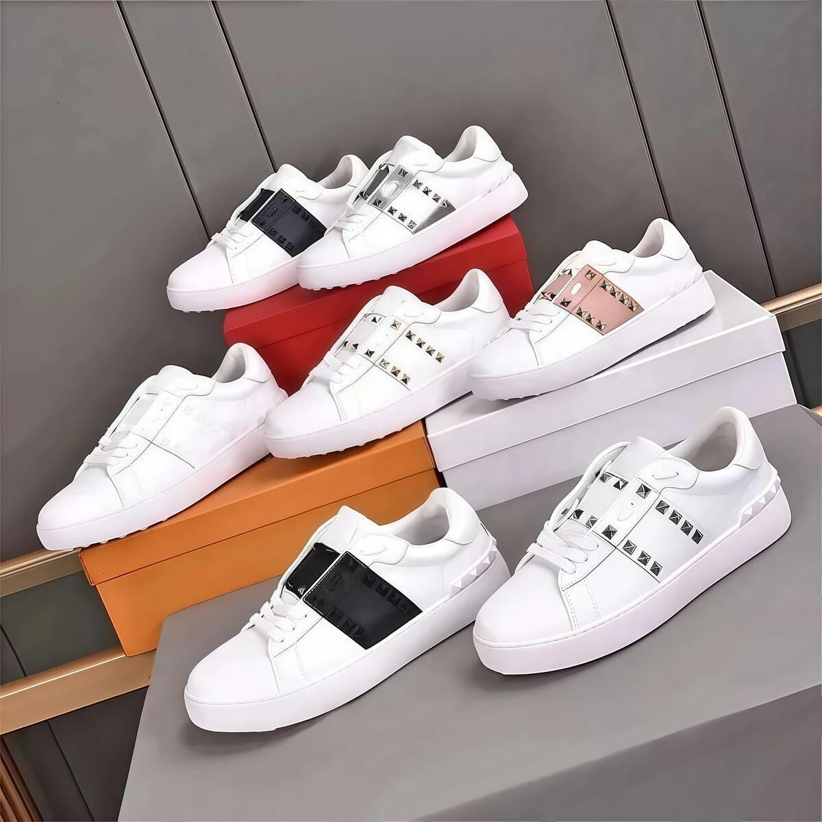 Designer casual shoes Women Men Flat shoes Riveted Sneakers Leather Spliced Sports Shoes leather vintage loafers Low Top White Pink Women Classic Fa