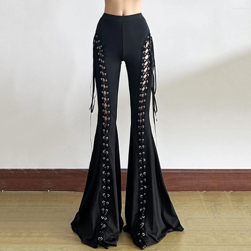 Women's Pants Elastic Waist Flared Black Sexy Lace Up High Fashion Slim Fit Office Lady Long Trousers For Spring Autumn