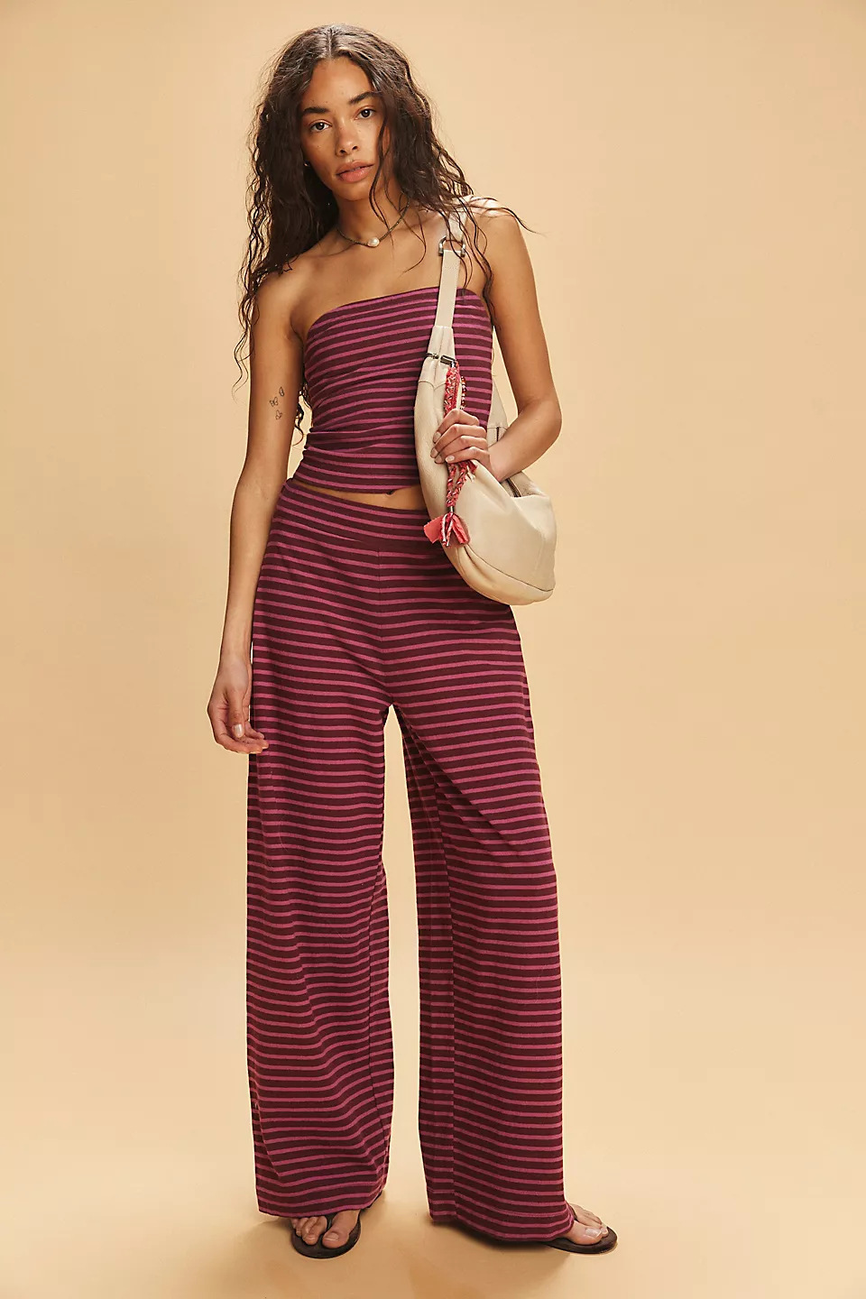 Women's Striped Tube Top and Wide Leg Pants Two Piece Summer Outfit-image-1105803093