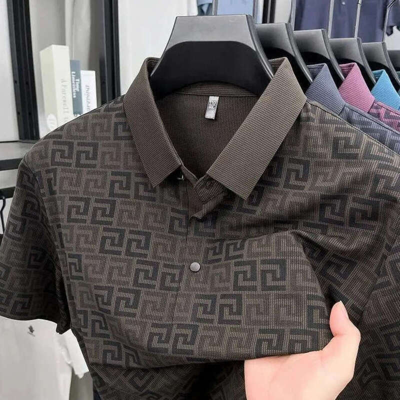 Poloshirt Men Ice Silk Summer Breathable Geometric Print Short Sleeve Business Casual Shirt Comfort Mens Top