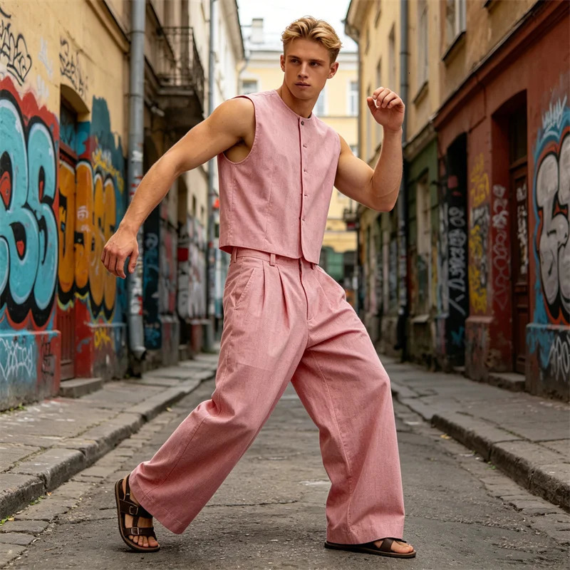 Mens 2 Piece Set Ultra Soft Pure Indian Cotton Crew Neck Vest High Waist Wide Leg Pants Minimalist Breathable Casual Outfit 260512 be