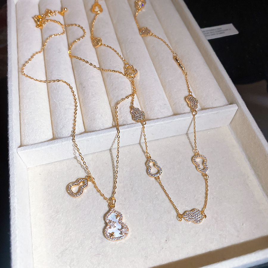 18K real gold plated zircon gourd pendant necklace, vintage exquisite fashion clavicle chain, light luxury high-end neck chain-image-1105777325