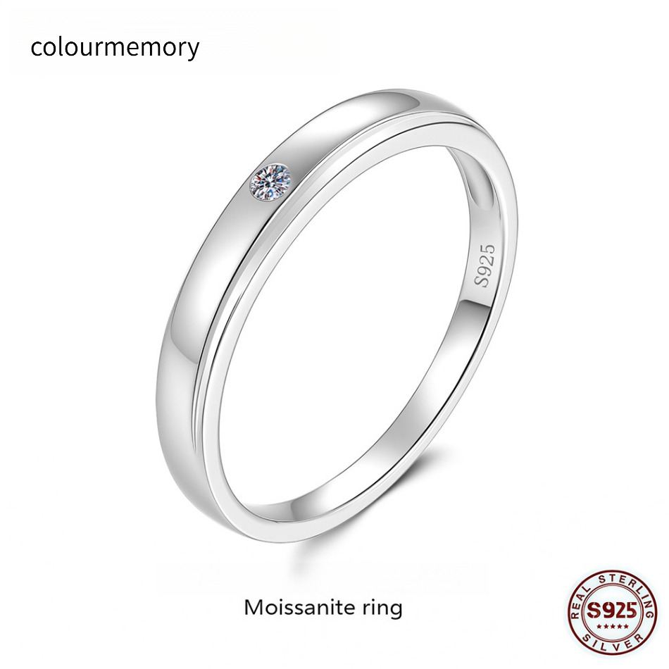 S925 Silver Solitaire Moissanite Band Ring, Minimalist Bezel Set Promise Ring for Men & Women, Classic Stackable Wedding Band-image-1105810155