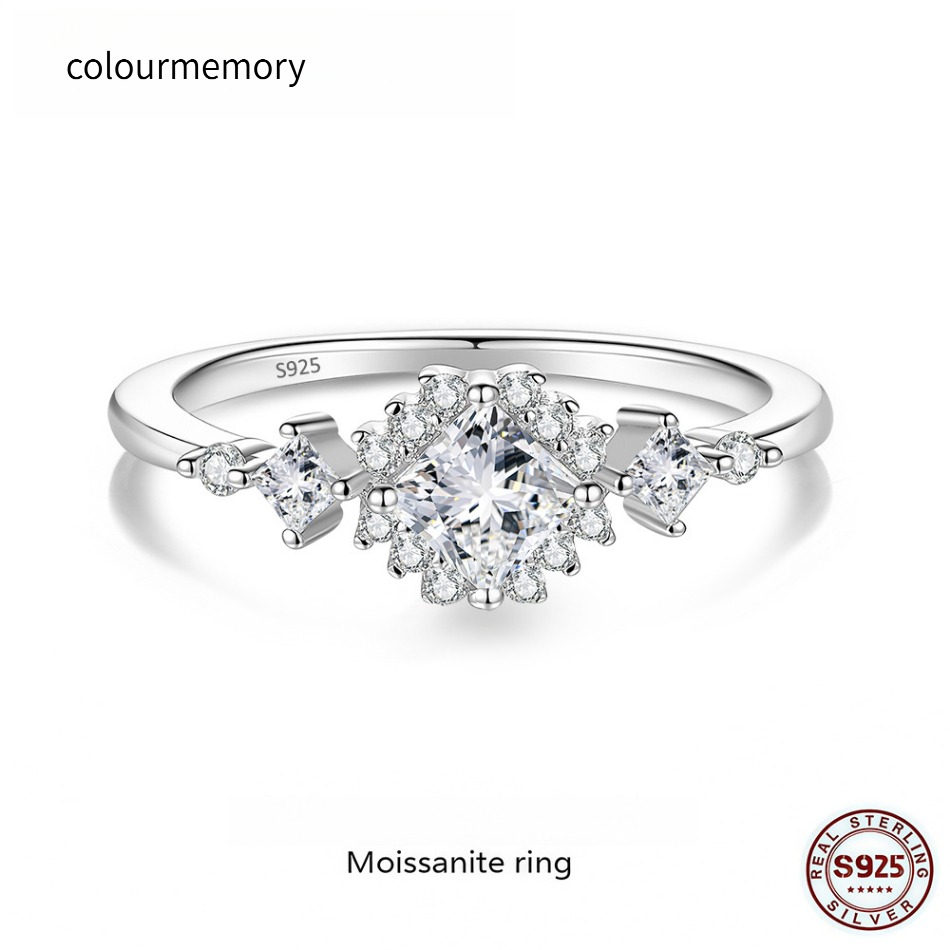 S925 Silver Princess Cut Moissanite Ring, Classic Halo Pave Engagement Promise Ring for Women, D Color VVS1 Moissanite Wedding Band-image-1105781684