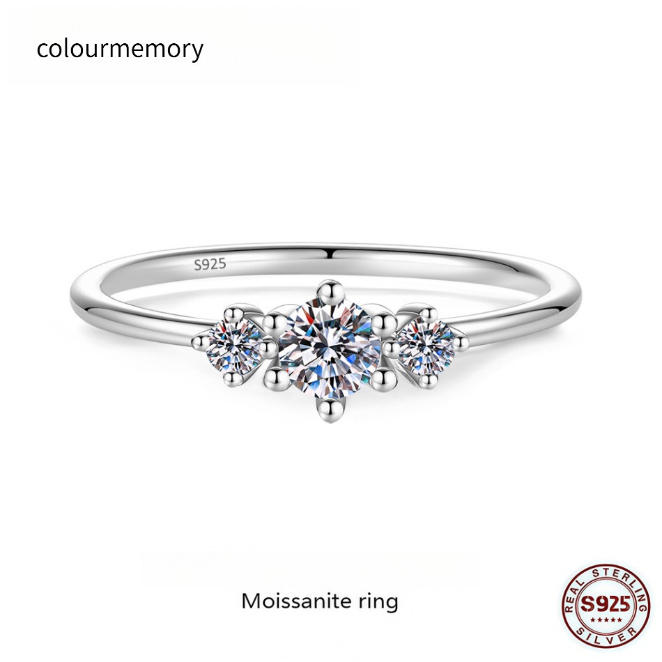 S925 Silver Three-Stone Round Cut Moissanite Ring, Classic 6 & 4-Prong Engagement Promise Ring for Women, D Color VVS1-image-1105817034