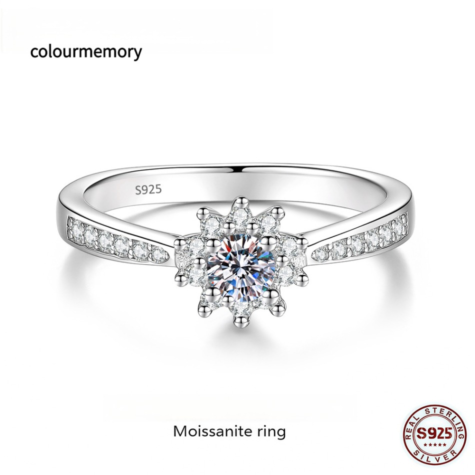 S925 Sterling Silver 0.3CT D Color Moissanite Sunflower Ring, Adjustable Open Band, Women Jewelry With GRA Certificate-image-1105900628
