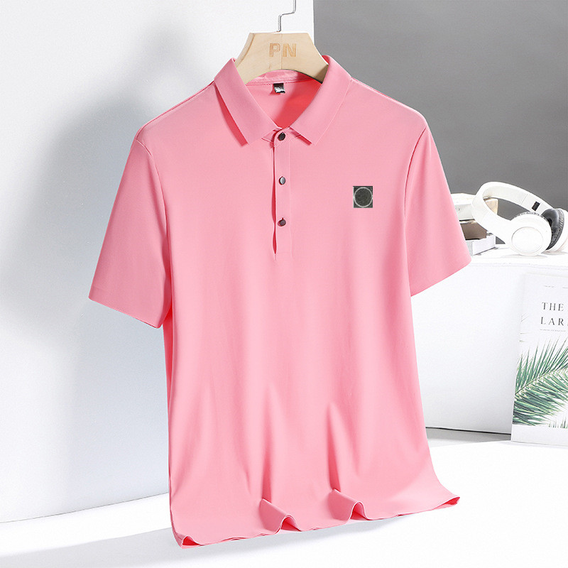 Men's Ice Silk Short Sleeve Collar T-shirt Stones Loose Business Casual Polo Shirt Summer Sweatshirt Top Islands Solid Color-2026-11
