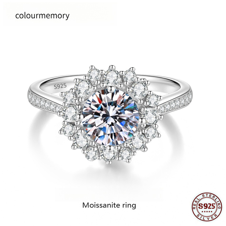 Round Cut Double Halo Sunflower Moissanite Ring S925 Sterling Silver | Pave Engagement Promise Band-image-1105833376