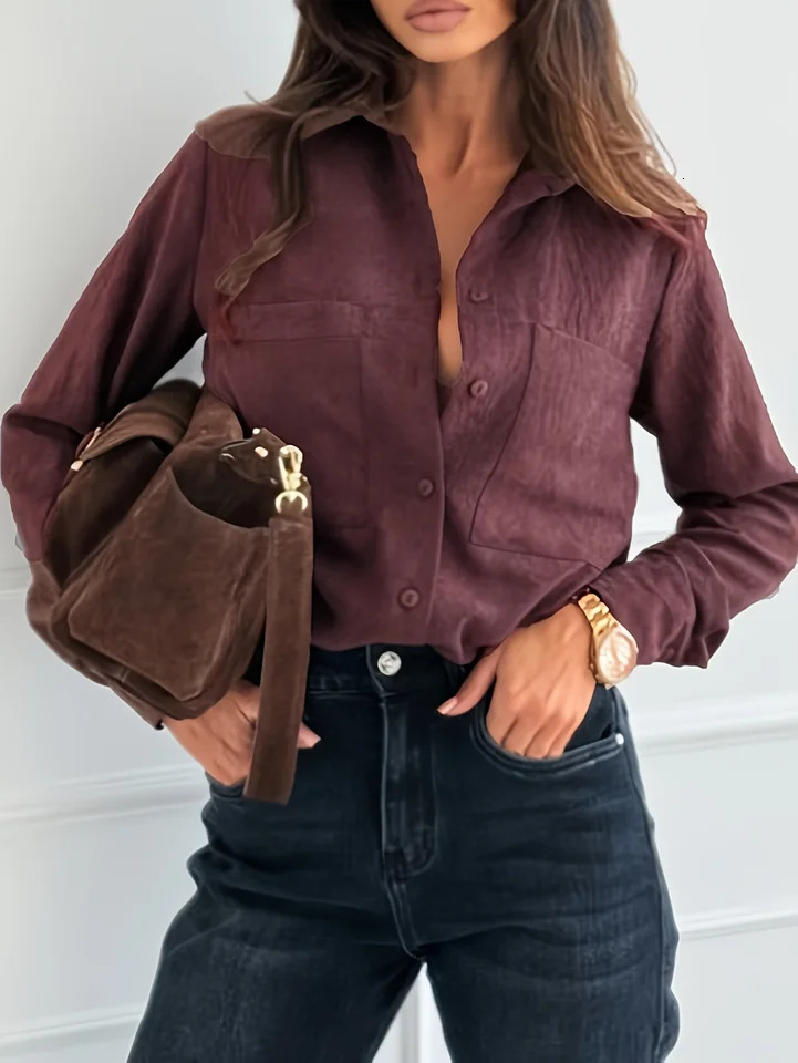 2026 Spring Womens Burgundy Textured Long Sleeve Shirt with TurnDown Collar and Double Pockets Loose Fit Versatile for Work Casual Wear 260513BJ