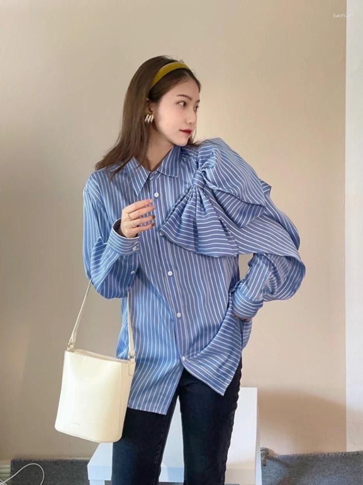 Women's Blouses JK Shirt Top Korean Style Elegant Bow Tie Boyfriend Fit Loose Striped Blue Autumn 2026 Spring Arrival 0a