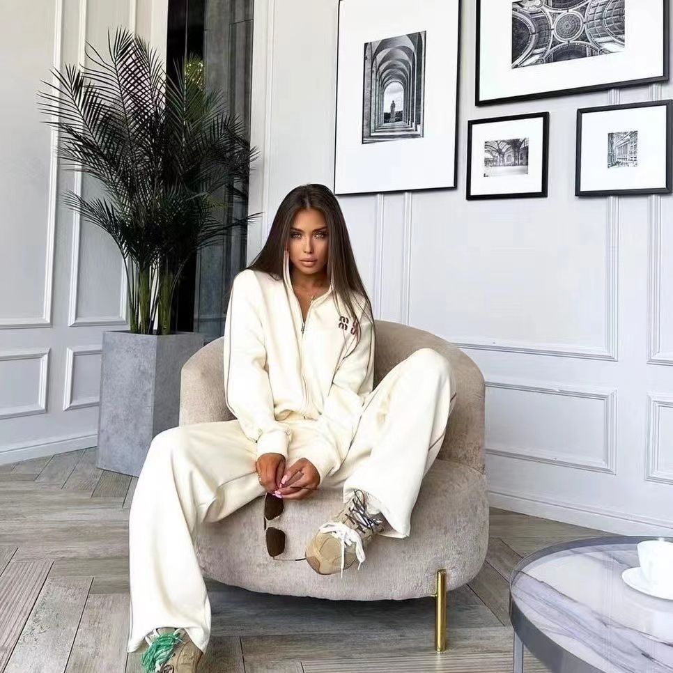 Tracksuits Women designer Tracksuits sets New casual Suit Leather Label Embroidered Stand Collar Long Sleeve Zipper Coat + Elastic Waist Trousers