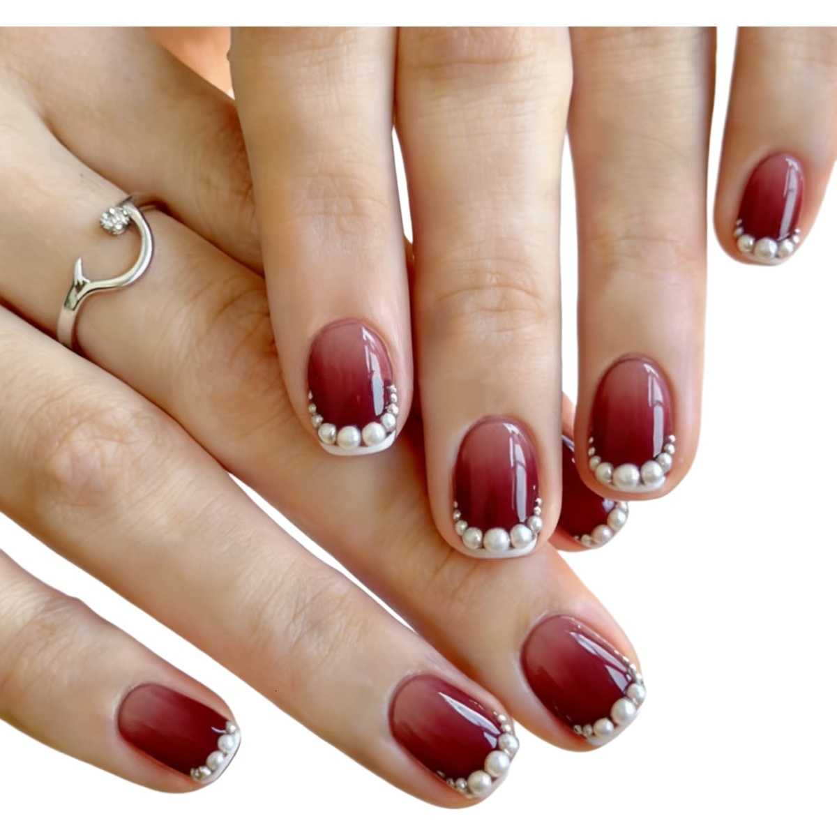 and atmospheric burgundy Gentle sheer nude manicure French pearl edge short square press-on nails direct supply from the source factory in stock M26