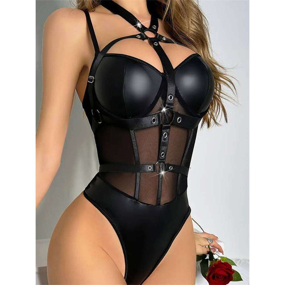Women's Mesh PU Leather Bodysuits Sleeveless Halter Hollow Out Leotard Body Top Jumpsuits for Party Club