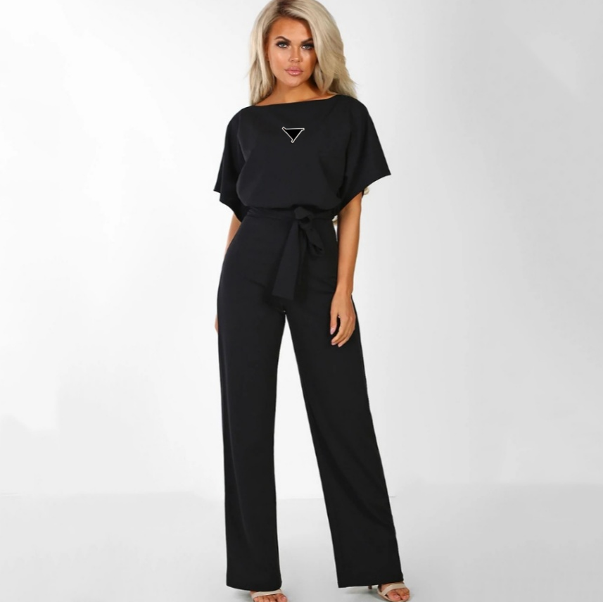 summer new fashionable luxury jumpsuit embroidered triangle brand button tie short sleeved women's jumpsuit Rompers Asian Size S-3XL
