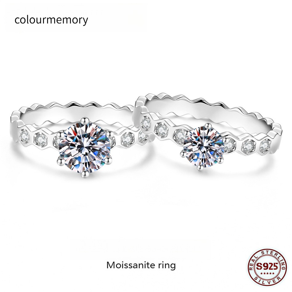 S925 Silver Honeycomb Moissanite Ring, Minimalist 4-Prong Solitaire Stackable Promise Band for Women, D Color VVS1 Wedding Ring with Bezel Set Si-image-1106065138