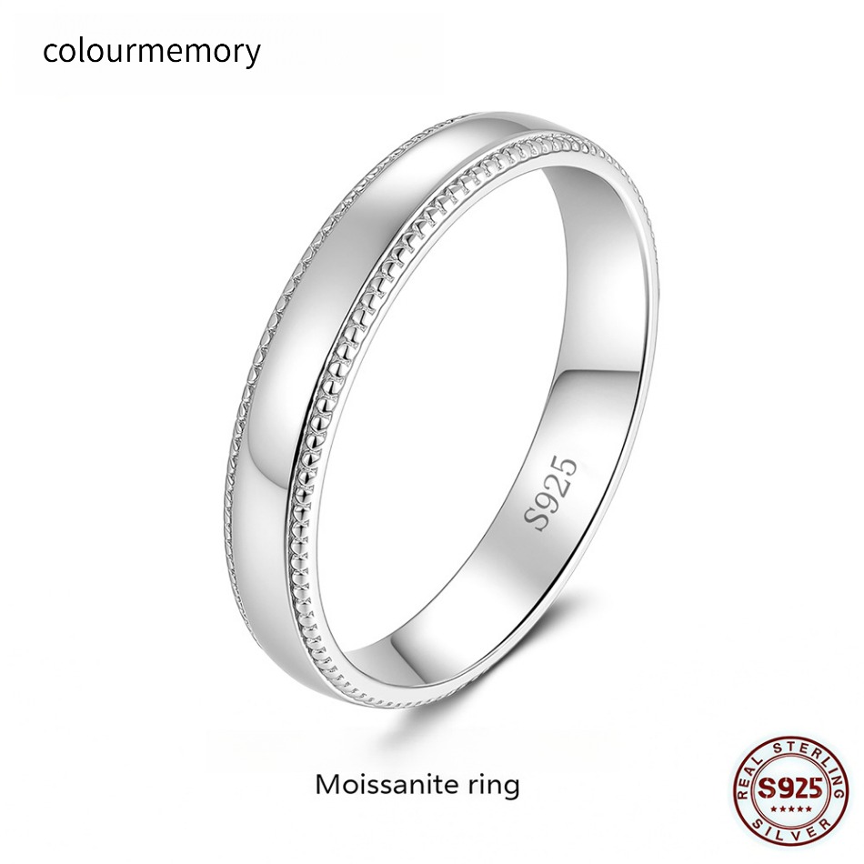 S925 Silver Pave Moissanite Wedding Ring, Classic Milgrain Stackable Promise Ring for Men and Women, Minimalist Textured Band with Side Stones-image-1106081901