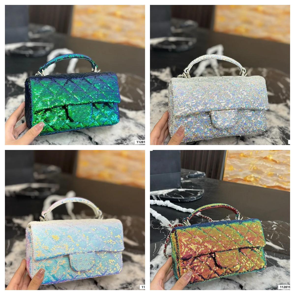 Shiny Gradient Color Ladies Mini Flap Bag Designer Sequins Handbag with Handle Diamond Lattice Light Golden Hardware Matelasse Chain Crossbody Makeu