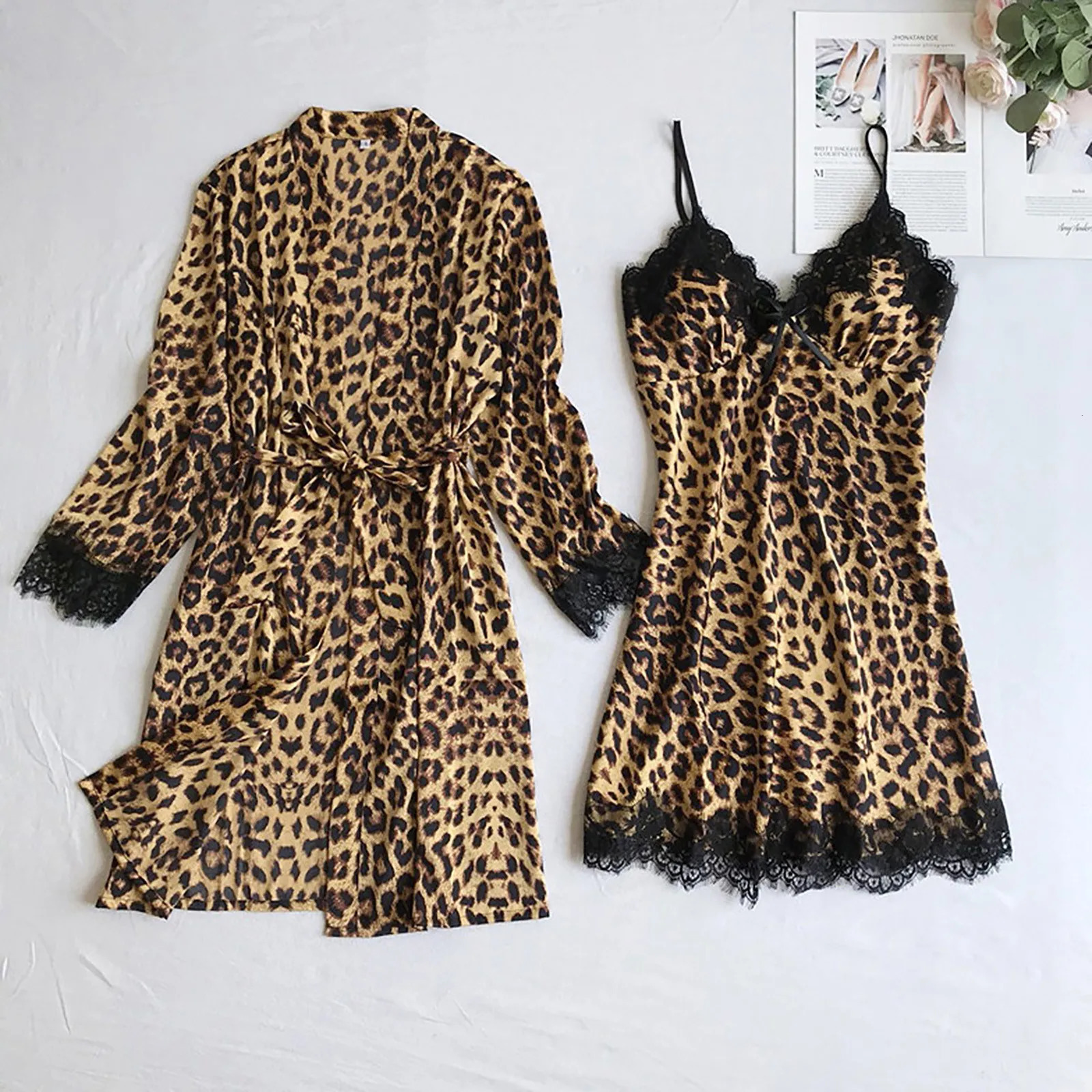 2-Piece Pajamas Sets Women Leopard Print Nightdress With Pads Silk Satin Plus Size Nightgowns Sleepwear Sexy Lingerie Robe Femme 260513