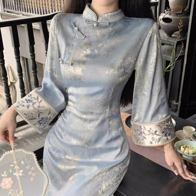 New Chinese Blue Printed Slim Fit Inverted Large Sleeve Cheongsam Autumn Retro Bamboo Leaf Collar Dress Stand 6f
