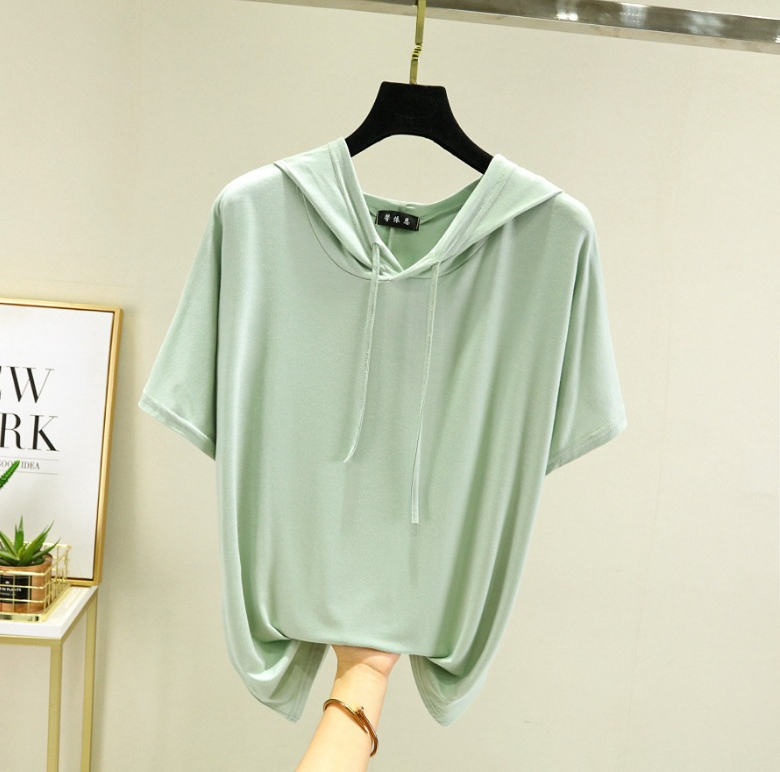 A563 T-shirt fin Modal grande taille pour femmes, sweat-shirt d'été à capuche et manches courtes de couleur unie