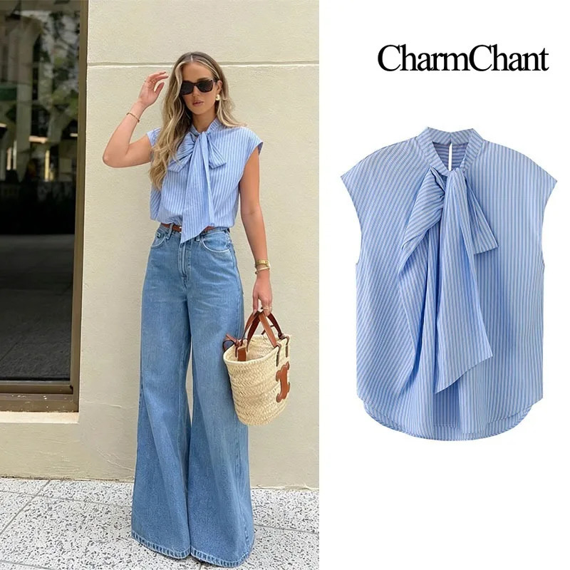 CHARMCHANT Womens Cotton Striped Stand Collar Bow Tie Sleeveless Loose Fit Blouse Elegant Casual Summer Daily Office Tops 2026 260513