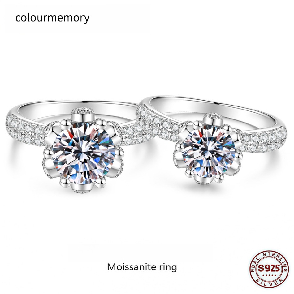 S925 Sterling Silver 1CT/2CT D Color Moissanite Halo Ring, Adjustable Open Band, Women Engagement Jewelry With GRA Certificate-image-1106021101