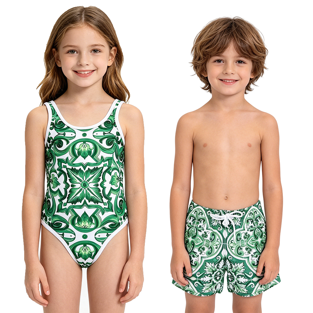 Kids Green Majolica Print Swimsuit Set Girls Boys One Piece Swimsuit Shorts Swimwear 80-150cm Sizes Breathable Quick Dry Fabric Summer Beach Pool We