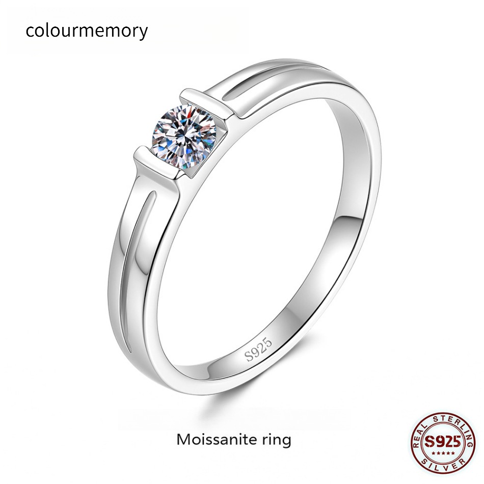 S925 Silver Tension Set Moissanite Solitaire Ring, Minimalist Bar Setting Promise Band for Men and Women, D Color VVS1 Wedding Ring for Daily & F-image-1105963211
