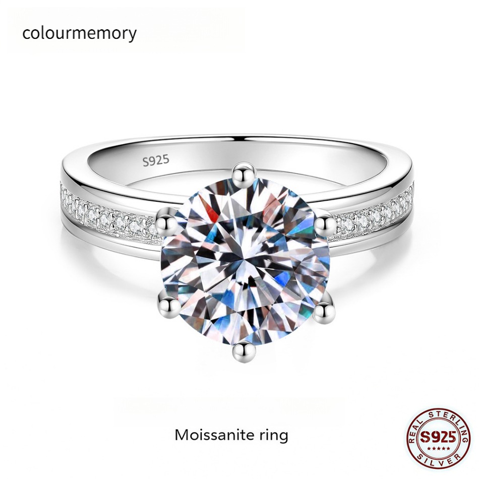 S925 Silver 6-Prong Moissanite Engagement Ring, Classic Pave Set Wedding Band for Women, D Color VVS1 Solitaire Promise Ring for Bridal & Daily W-image-1105967278