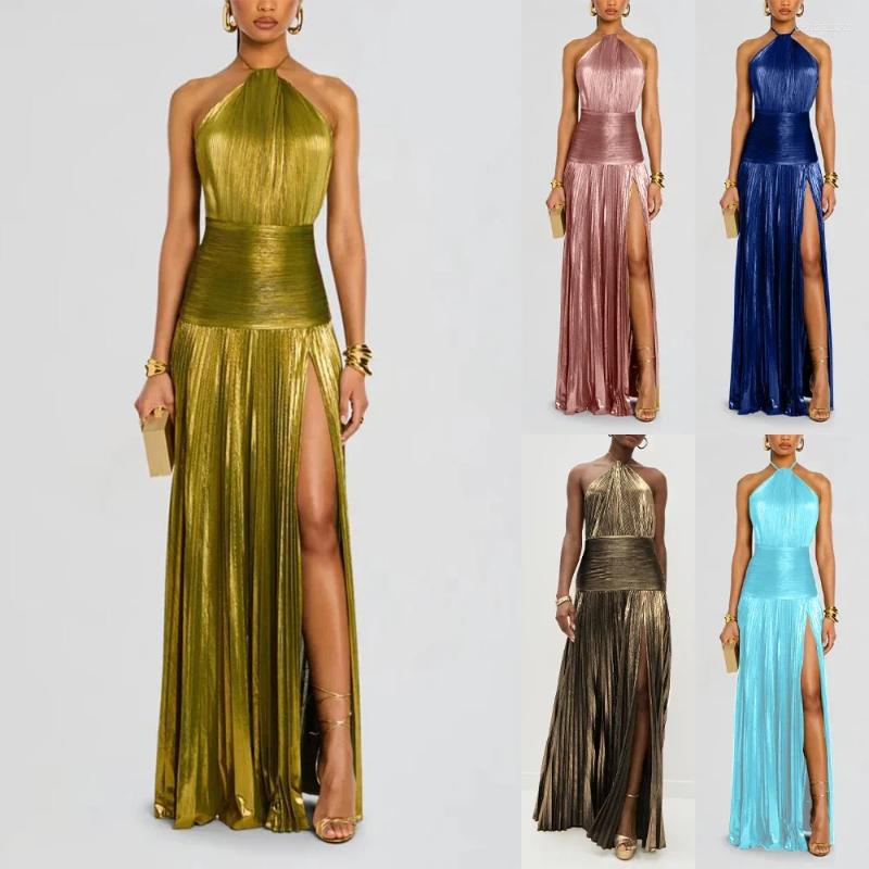 Casual Dresses Gold Halter Neck Evening Dress Woman Chic Solid Color Pleated Backless Package Hip Slit Fashion Trendy Lady Party Vestidos