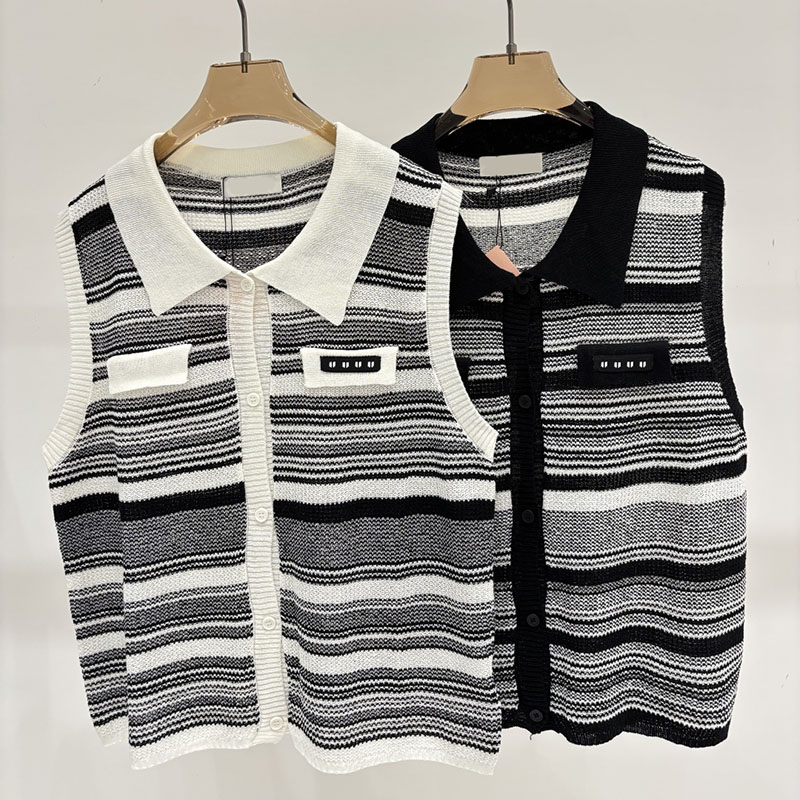 Vintage Striped Tank Tops For Women Lapel Neck Cropped Sleeveless Vests Summer Nightclub Holiday Knitted Tanks