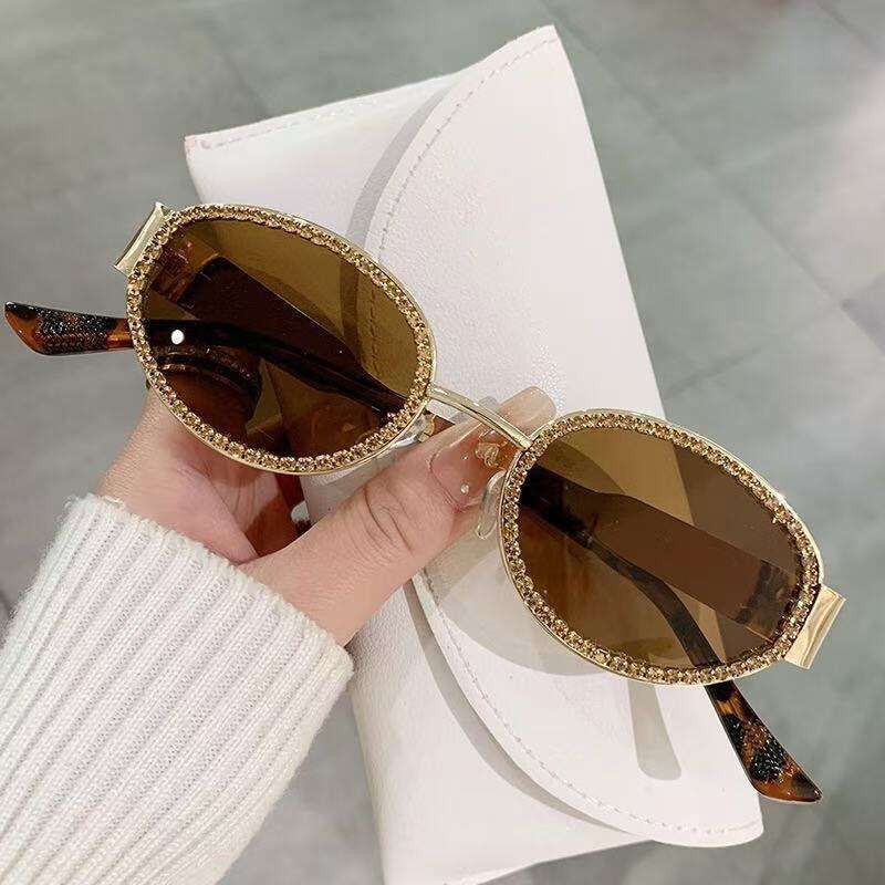 New Trendy Metal Diamond-Studded Oval Small Frame High-End Sunglasses Laotie Laotie