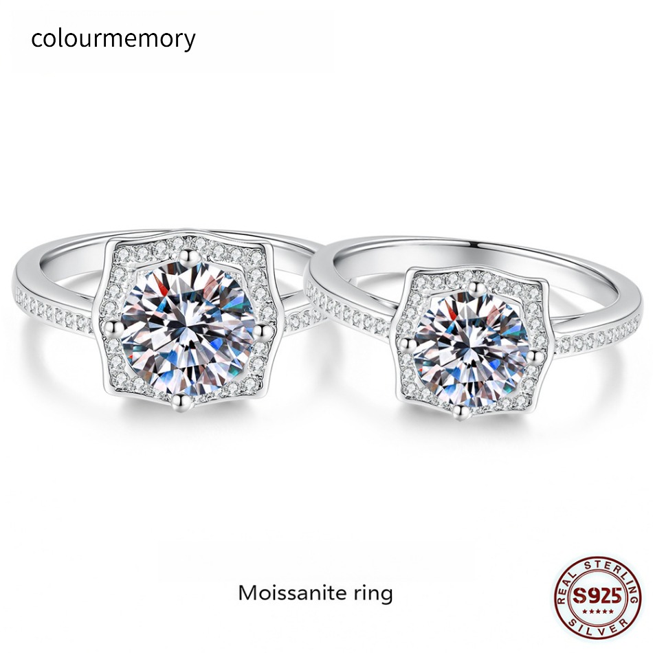 S925 Silver Halo Moissanite Engagement Ring, Classic Pave Setting Promise Band for Women, D Color VVS1 Wedding Ring with Side Stones-image-1106043526