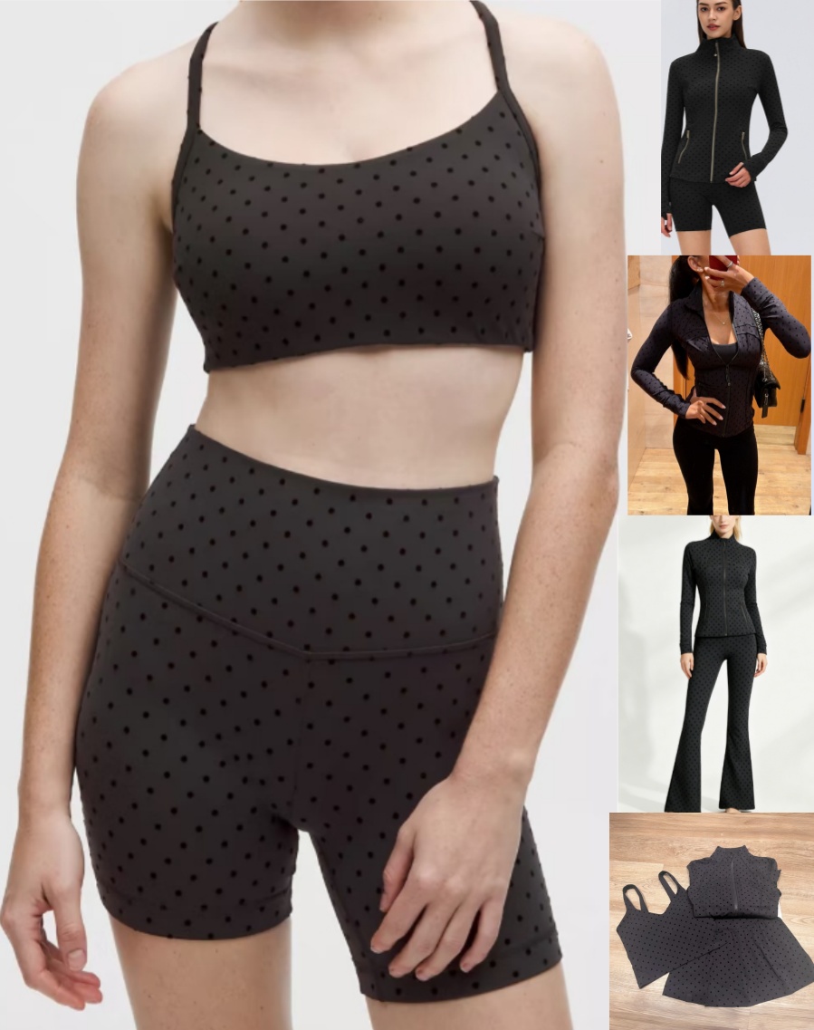 Polka Dot Col Montant Fermeture Éclair Dorée Veste Extensible Ensemble Soutien-Gorge De Sport Mini Jupe Short Capris Pantalon Long Pantalon Flare