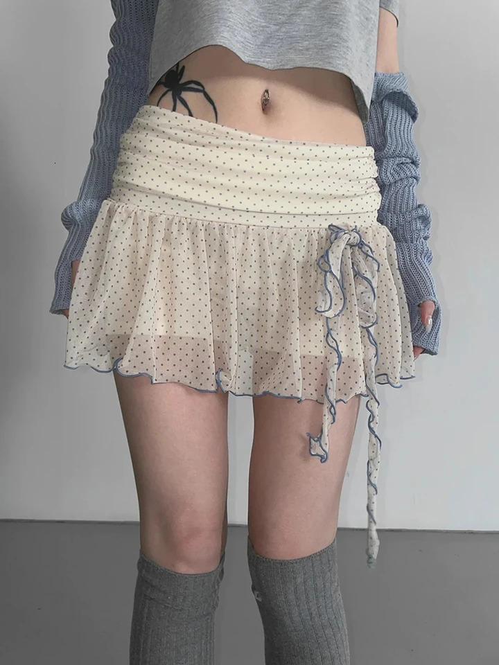 Sweet Polka Dot Chiffon Skirt Women Fashion High Waist Bow Lace Up Mini Skirts Y2K Japanese Streetwear All Match A Line 260506