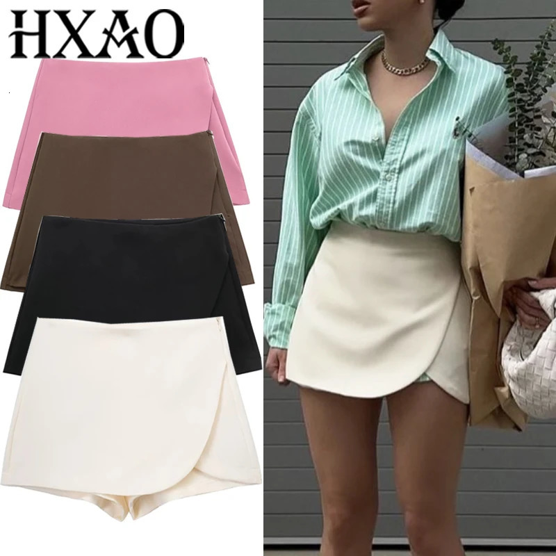 HXAO Womens Skirt Shorts Summer Beige Black Pants Woman Office High Waist Skort For Women Asymmetrical Pink Brown 260506