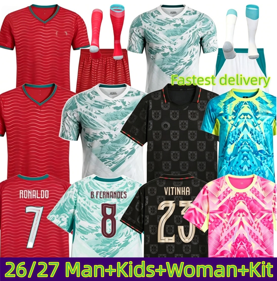 2026 Coupe du monde Portugal maillots de football hommes kit enfants maison extérieur FELIX BERNARDO B. FERNANDES PEPE JOAO NEVES FABIO SILVA Por