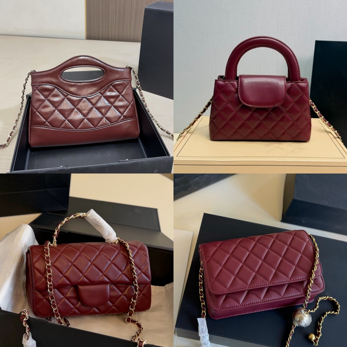Designer Crossbody Bag Womens Burgundy Bag Classic Leather Purse with Chain Strap Crossbody / Shoulder Bag, Elegant Top Handle Shoulder Purse for Da