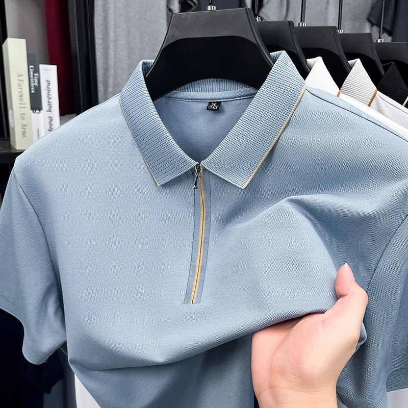 Advanced ice silk cool breathable short sleeve polo shirt fashion mens summer trend half zipper skin friendly casual T-shirt 260514