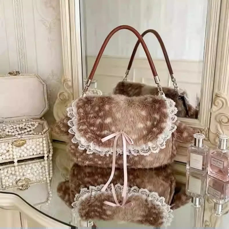 Lolita Plush Handbag Cute Lace Bow Decor Faux Fur Shoulder Bag Vintage Brown Top-handle Bag Spotted Deer Pattern Underarm Bag 260514BJ