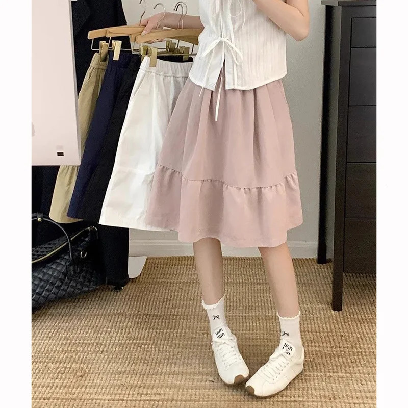 Summer Girls Chic Baggy Aline Skirts Female Korean ner High Waist Women Fashion Classic Solid MidLong Dress 260506