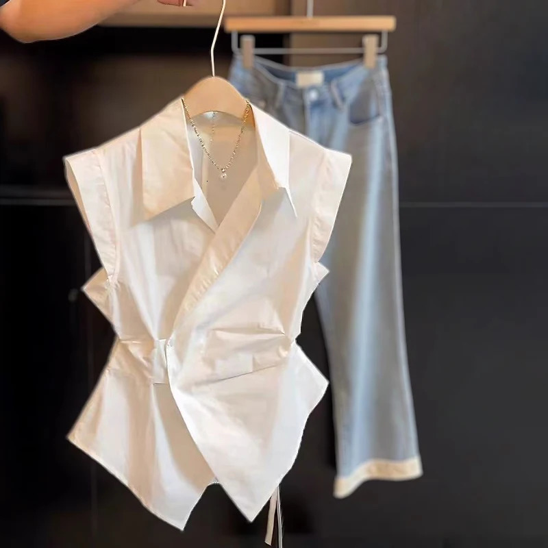 Camicia senza maniche con risvolto dal temperamento francese Top chic con vita irregolare per donna 260513