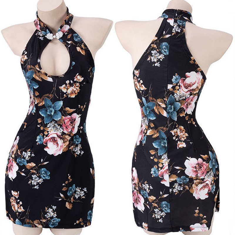 Black Floral Print Halter Qipao Costume Set - Plus Size-image-1106232936