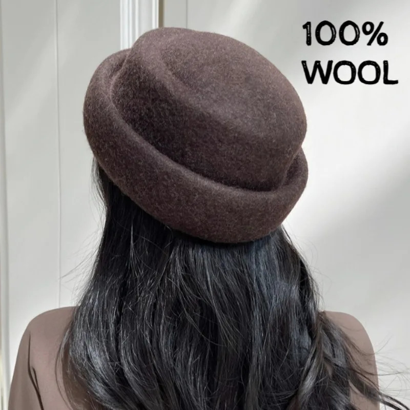 Japanese Retro 100 Wool Fashion Fedoras Hat Womens ner Runway Style Berets Winter French Elegant Curled Top Pillbox Hat 260515BJ