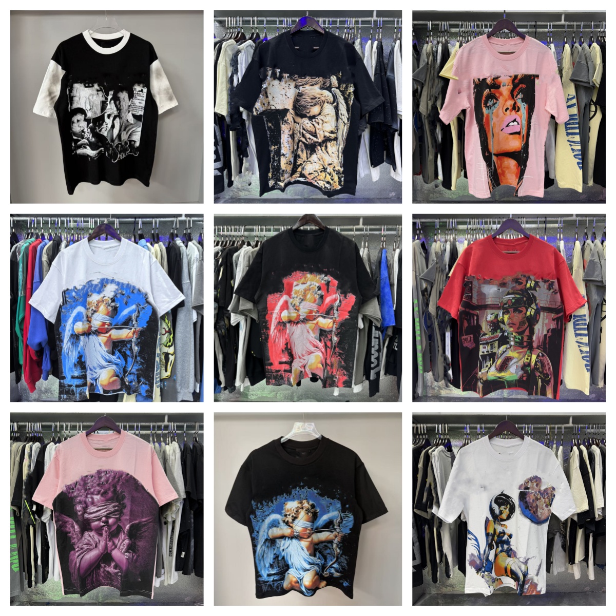 Men's Shirts Life Hustlers Designer's new hot diamond short sleeved full print graffiti bank white ink direct spray Embroidery Diamond T s
