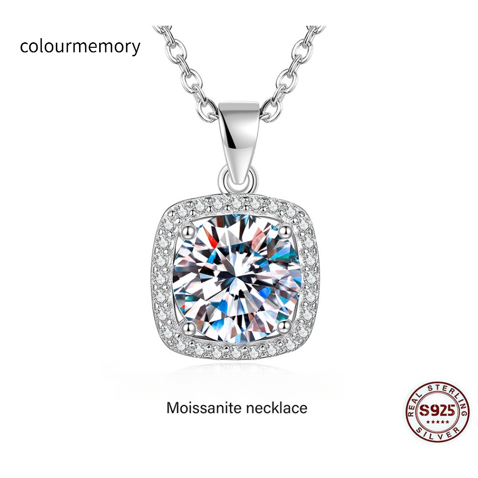 S925 Sterling Silver D Color VVS1 Moissanite Square Pendant Necklace, 1-2CT Cushion Cut Halo, With GRA Certificate-image-1106208166